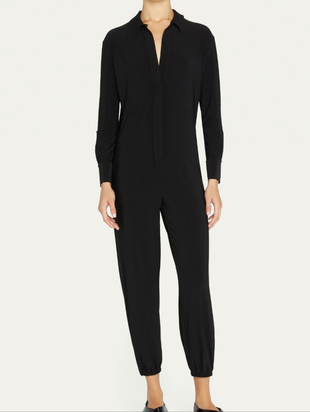 Norma Kamali Spread Collar Black Long-Sleeve Jumpsuit XS